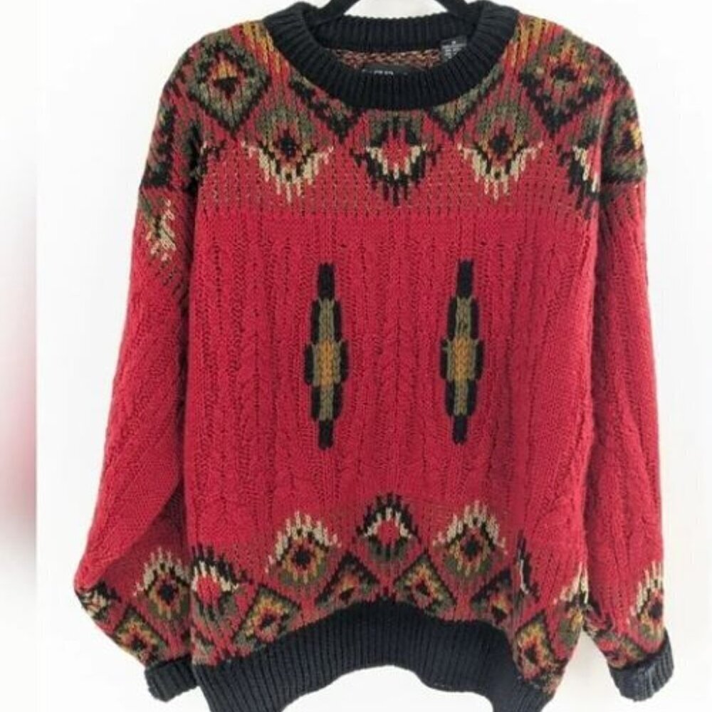 Vintage Men sweater Size M‎ wool blend Bachrach Abstracts Brick Red Pullover
